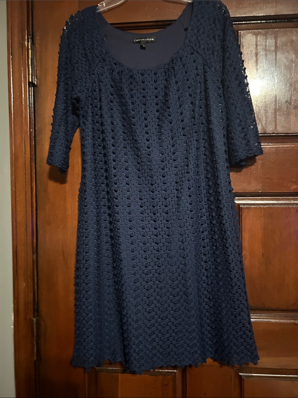 Chelsea & Violet Navy Crochet Long Sleeve A-Line Dress